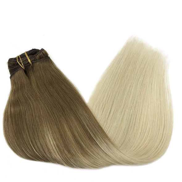 Ombre Ash Brown to Platinum Blonde 7pcs 120g Clip in Human Hair Extensions Lab Hairs 
