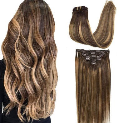 Ombre Chocolate Brown to Caramel Blonde Balayage 7pcs 120g Clip in Human Hair Extensions Lab Hairs 