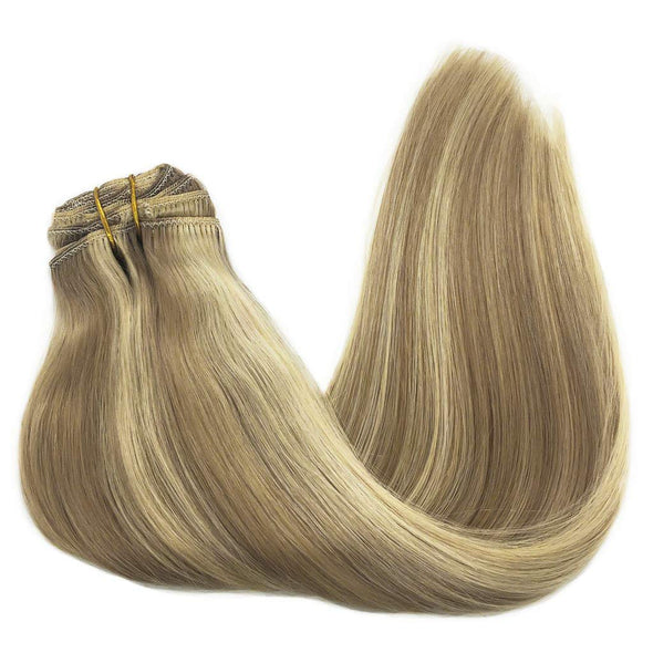Highlighted Blonde Light Blonde Mixed Golden Blonde 7pcs 120g Clip in Human Hair Extensions Lab Hairs 