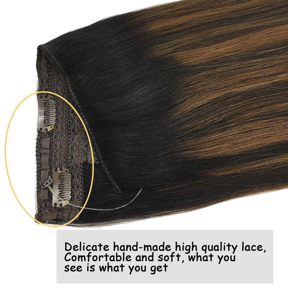 Ombre Natural Black Mixed Chestnut Brown Flip in Halo Hair Extensions Lab Hairs 