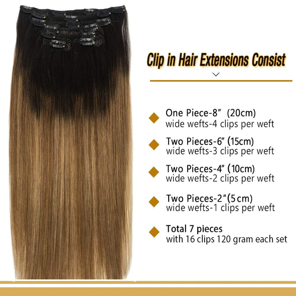 Ombre Dark Brown Fading to Chestnut Brown and Dirty Blonde Ombre 7pcs 120g Clip in Human Hair Extensions Lab Hairs 