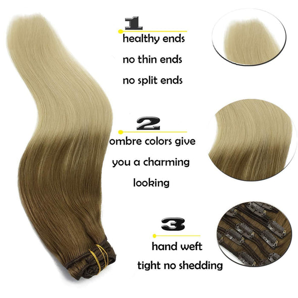 Ombre Ash Brown to Platinum Blonde 7pcs 120g Clip in Human Hair Extensions Lab Hairs 