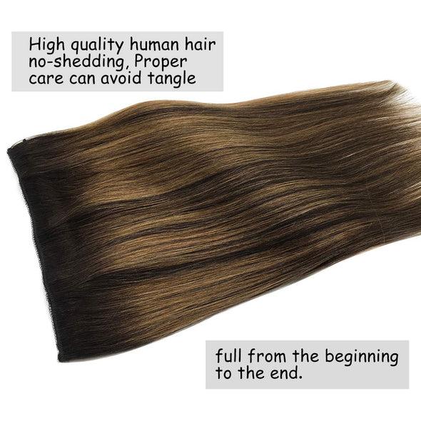 Ombre Dark Brown to Chestnut Brown Flip in Halo Hair Extensions Lab Hairs 