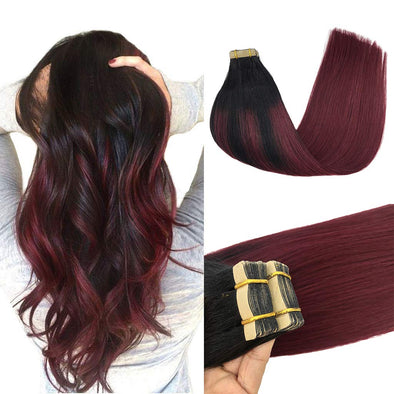 Balayage Jet Black to Red Ombre 20pcs 50g Straight Tape in Hair Extensions Lab Hairs 