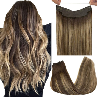 Ombre Chocolate Brown to Honey Blonde Flip in Halo Hair Extensions Lab Hairs 