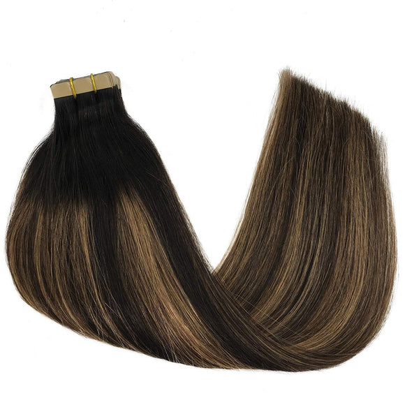 Ombre Natural Black to Chestnut Brown Balayage 20pcs 50g Straight Tape in Hair Extensions Lab Hairs 