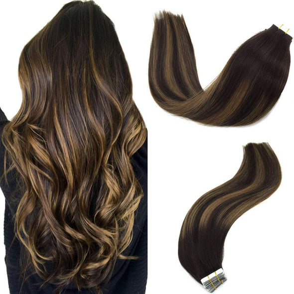 Ombre Dark Brown to Chestnut Brown Balayage 20pcs 50g Straight Tape in Hair Extensions Lab Hairs 